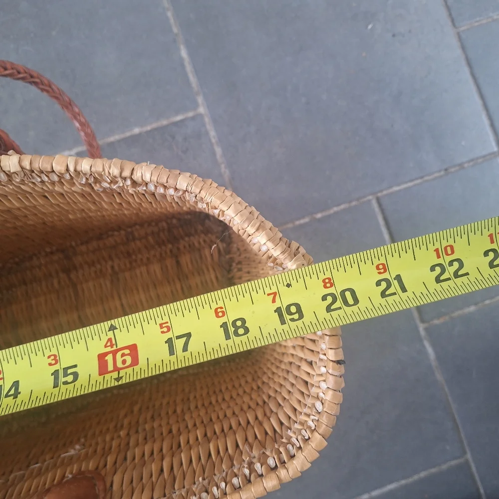 Woven Straw Tote Bag with Brown Leather Pocket - Picture 5 of 7